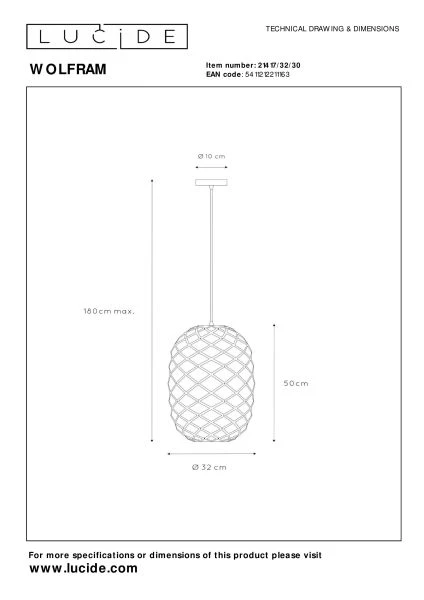 Lucide WOLFRAM - Hanglamp - Ø 32 cm - 1xE27 - Zwart - technisch